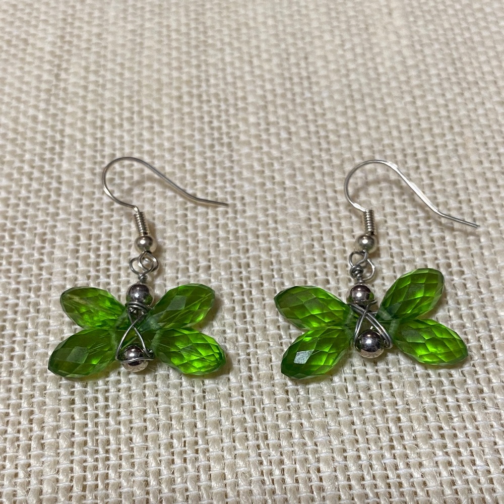 Green faceted Crystal Butterfly dangling Earrings